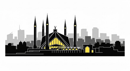 Illustration of the shah faisal mosque in pakistan with a city skyline in the background in black and gray created with generative ai
