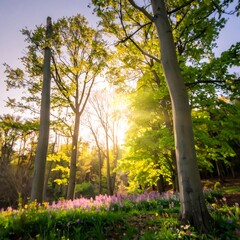 Sunlight streams through a vibrant spring forest, illuminating a carpet of wildflowers