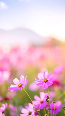Fototapeta premium Delicate pink cosmos flowers bloom in a vibrant field, bathed in soft sunlight, creating a serene and idyllic springtime scene.