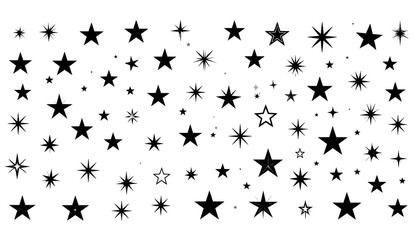 A diverse collection of black stars of varying sizes and designs on a plain white background creates a striking visual effect.