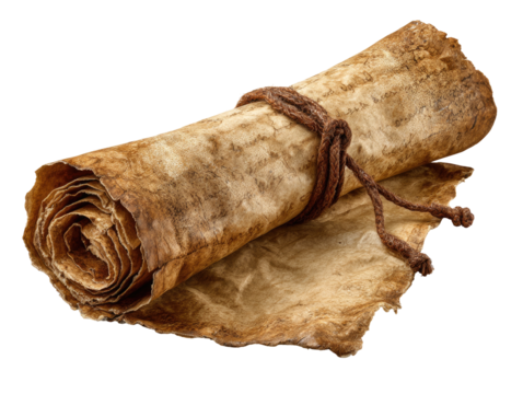 Rolled-up ancient parchment, aged and weathered.  A scroll tied with brown string, showing signs of time and use