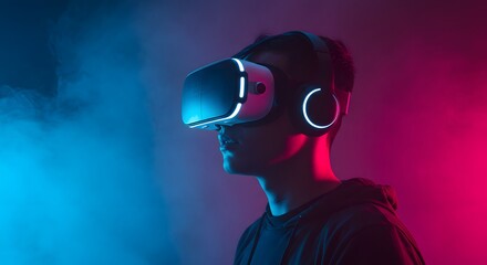 Cyberpunk Vision: Neon Smoke and Futuristic VR Immersive Technology for Gaming and Simulation