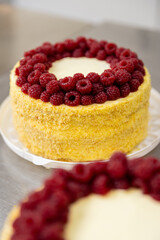 Decorated raspberry cake with cream and crumbs on metal table in pastry kitchen