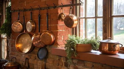 A curated collection of gleaming copper pots and pans artfully arranged and hung on aged, exposed red brick wall in a cozy, sunlit home kitchen
