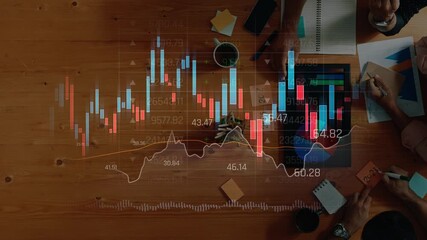 Aerial view of a business meeting showcasing financial charts and data analytics. Team professionals discuss strategies and market trends in a modern office setting. Raster - Powered by Adobe