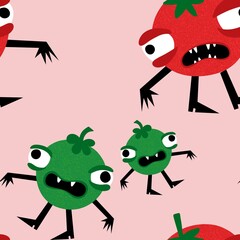 Halloween monsters vegetables seamless tomato and peas pattern for wrapping paper and fabrics