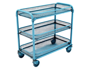 Light-blue metal cart with three tiers of wire mesh shelves