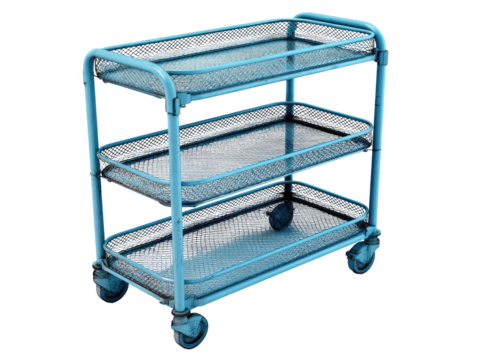 Light-blue metal cart with three tiers of wire mesh shelves
