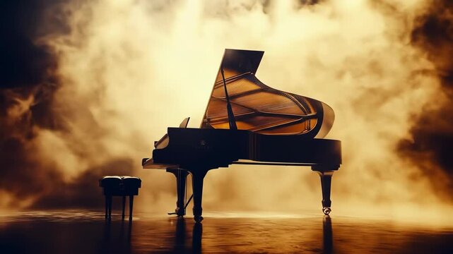 Grand piano on stage bathed in golden spotlight with stool nearby.