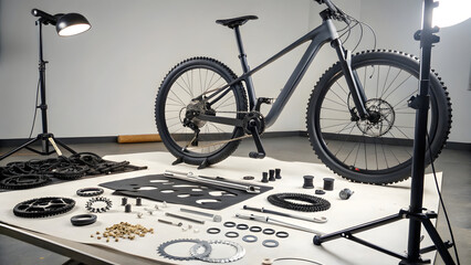 A dynamic, high-resolution scene of a bicycle in mid-assembly, displayed under bright, even studio lighting to highlight every component with precision clarity