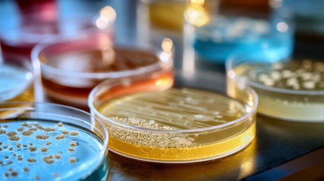 Mixedculture fermentation examined in medium shot showcasing diverse yeast colonies on petri dishes in sharp focus laboratory environment gently faded out behind.