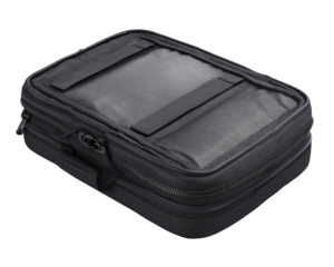 Dark gray, rectangular, zippered travel bag with compartments