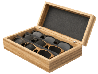 Wooden sunglasses case with three pairs of sunglasses