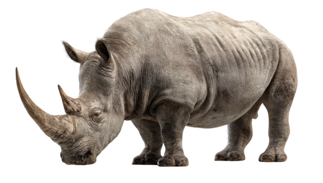 Large rhino with horn, isolated on black. Big, strong animal