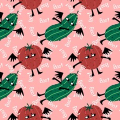 Halloween monsters vegetables seamless tomato and cucumber pattern for wrapping paper and fabrics