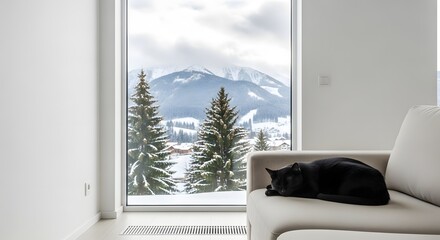 Black cat resting on a sofa with a snowy mountain view