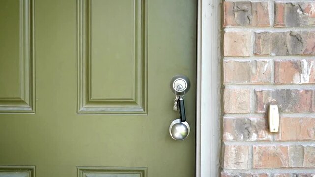 Close up of a green front door with a knocker and doorbell on a brick wall