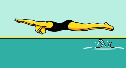 A yellow character in a black swimsuit dives headfirst into a turquoise pool