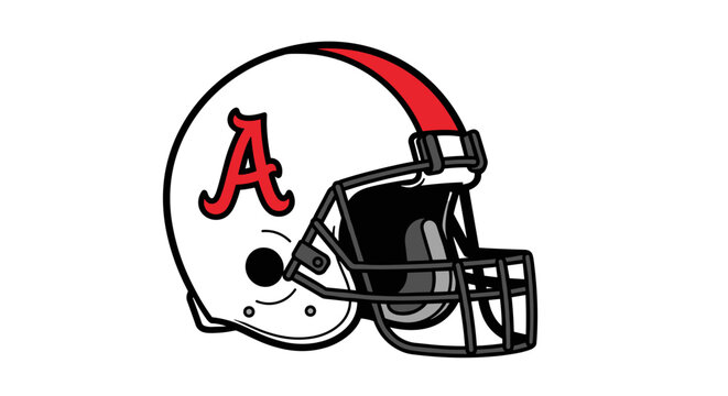 Illustration of a white football helmet with a red 'a' and stripe design element