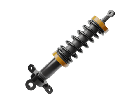 Single shock absorber with coil spring and mounting eyelets, centered on white background.