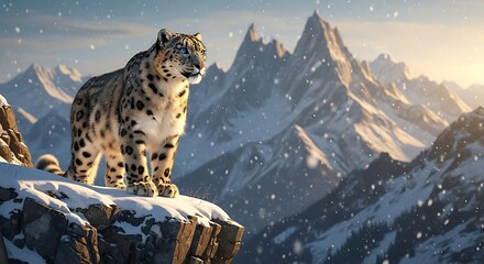 A majestic snow leopard stands proudly on a rocky, snow-covered outcrop, surveying a breathtaking mountain landscape under a soft, snowy sky.