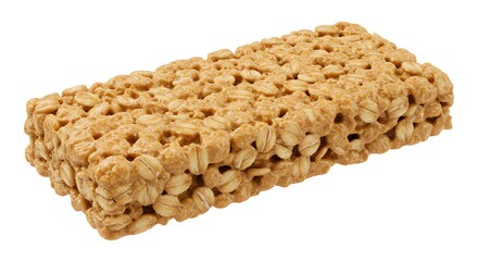 A rectangular granola bar, composed of oats, displayed against a white background.