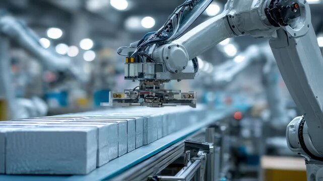 Robotic grippers delicately handling frozen packages clear focus on the mechanical arm with the rest of the factory softly blurred.