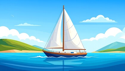 A sailing vessel glides across tranquil, blue waters near verdant hills under a bright, sunny sky.