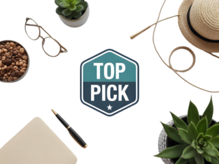 Flat lay of promotional badge with text "TOP PICK", placed on white background.