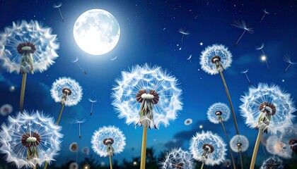 Obraz premium Dandelion clocks glow under the bright moon in a night sky, fluffy seeds drifting