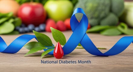 Blue ribbon for National Diabetes Month awareness, a red blood drop, and fresh healthy fruits with vegetables on a natural wooden surface.