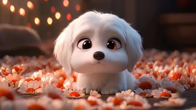 Delightful, animated puppy surrounded by a profusion of flowers.
