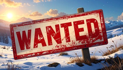 A weathered, red sign reading "WANTED" stands in a snowy mountain landscape, bathed in the warm glow of a sunrise.