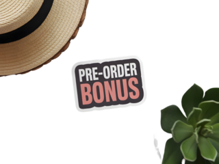 Flat lay of sticker with text "PRE-ORDER BONUS", placed on white background.