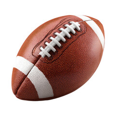 Fototapeta premium Detailed studio shot of a brown football with white laces and stripes, isolated