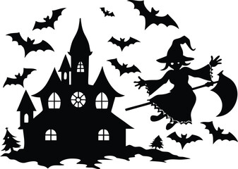 silhouette of a witch flying on a broomstick past a haunted castle with bats and a crescent moon, isolated on white background