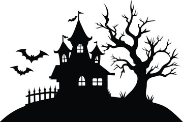 silhouette of a haunted house with bats and a fence on a hill, isolated on white background
