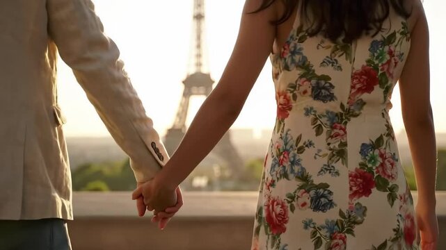 A romantic couple holds hands while gazing at the iconic Eiffel Tower during a beautiful golden hour sunset in Paris.