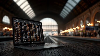 Focus on a detailed laptop screen showing reaccommodation options and realtime flight status updates with the bustling IROPS team softly blurred behind.