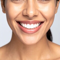 Obraz premium Close-up of a smiling person's face, showcasing healthy, bright white teeth and natural complexion.