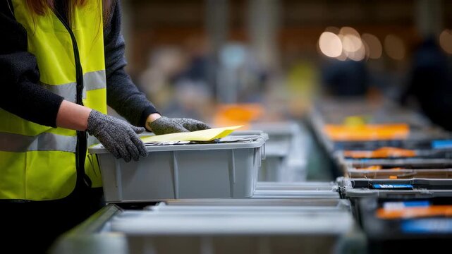 Detailed view of a volunteer labeling battery recycling containers surrounded by a blurred backdrop of sorting equipment.