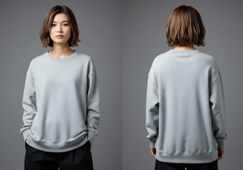 Asian female model wearing light grey plain sweatshirt mockup, front and back view for apparel design