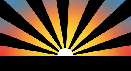 Illustration of a sunburst with gradient colors and a white sun against a black background scene created with generative ai