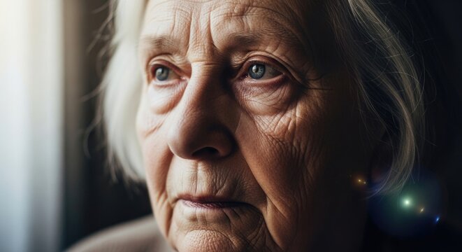 Elderly person, with deep wrinkles, showing cognitive decline, looking away, depicting Alzheimer's, memory impairment, and the challenges of aging. - Powered by Adobe