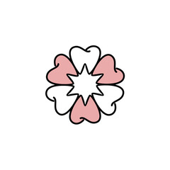Creative dental flower logo with tooth-shaped petals in white and pink, symbolizing care, beauty, and harmony in dentistry