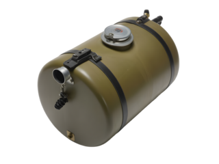 Single fuel tank with filler neck and mounting straps, centered on white background.