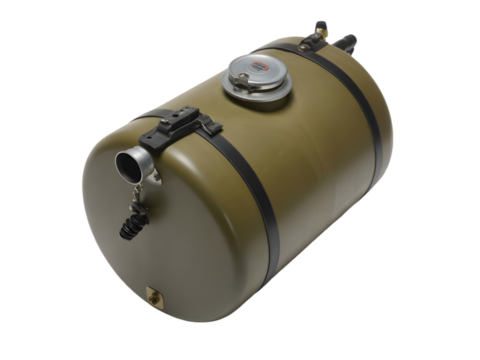 Single fuel tank with filler neck and mounting straps, centered on white background.