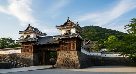 Naklejka premium Magnificent entrance to a historical japanese castle with dramatic architecture and serene natural