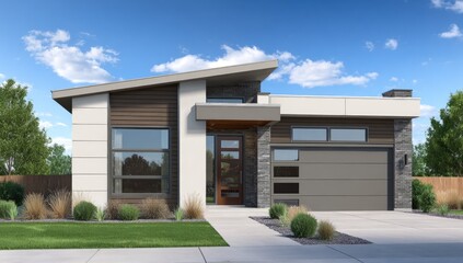 Modern, stylish home exterior featuring a contemporary design with a blend of light beige and dark brown accents.