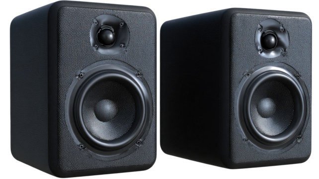 Pair of black, square audio speakers.  Close-up view of two identical, dark gray/black speakers.  Each features a large woofer and a smaller tweeter.